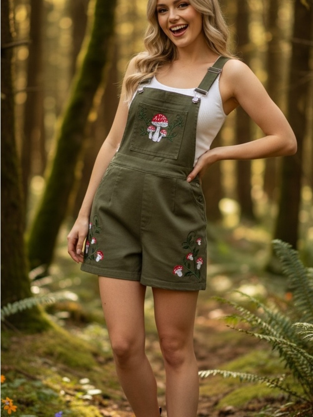 Olive Green Embroidered Mushroom Short Overalls, Size 8, EUC